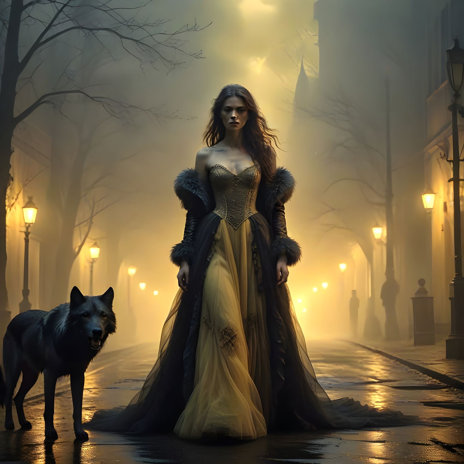 "Silent Anger" 

A woman in a flowing, light-colored dress stands confidently in a dimly lit, foggy street, ...  by @Bill Wallace