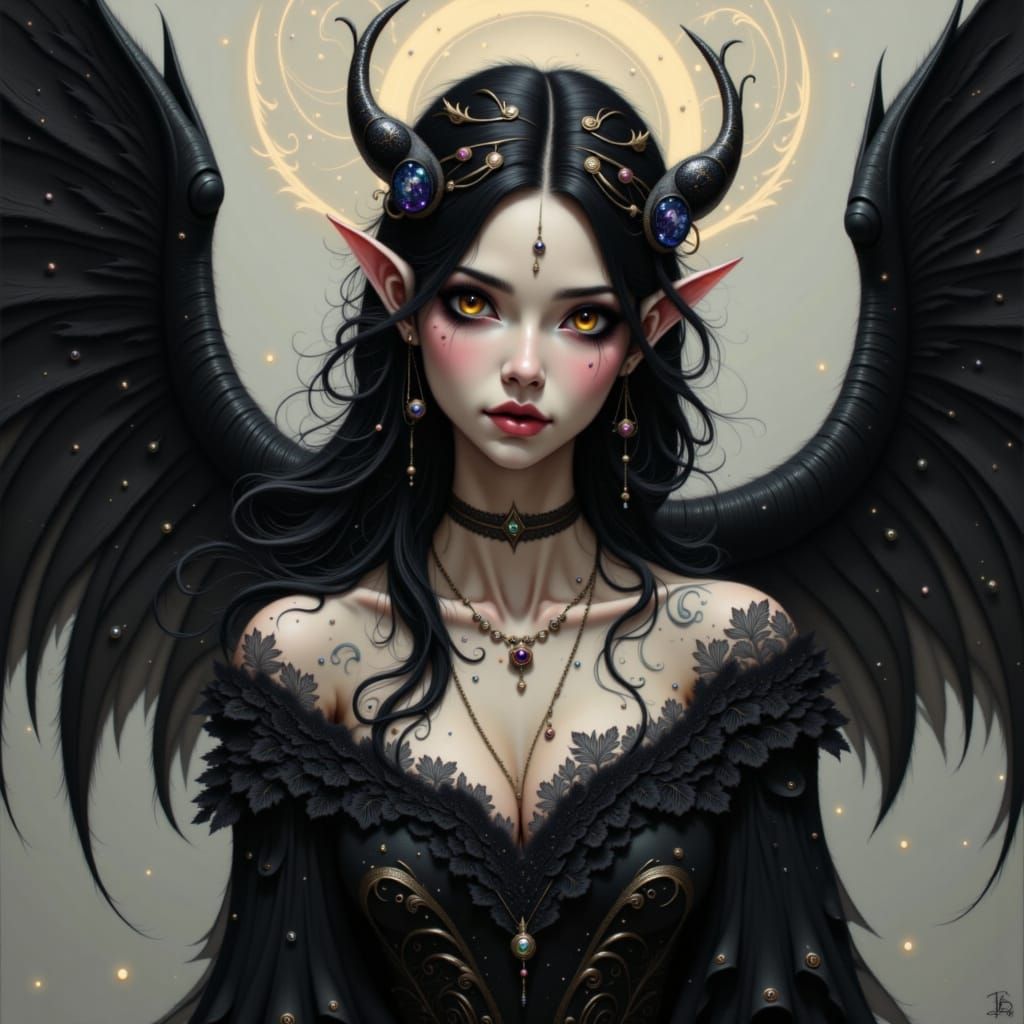 Majestic, porcelain-skinned woman with a subtle grey undertone, resembling the delicate hue of misty dawn. Her raven-black hair cascades dow...