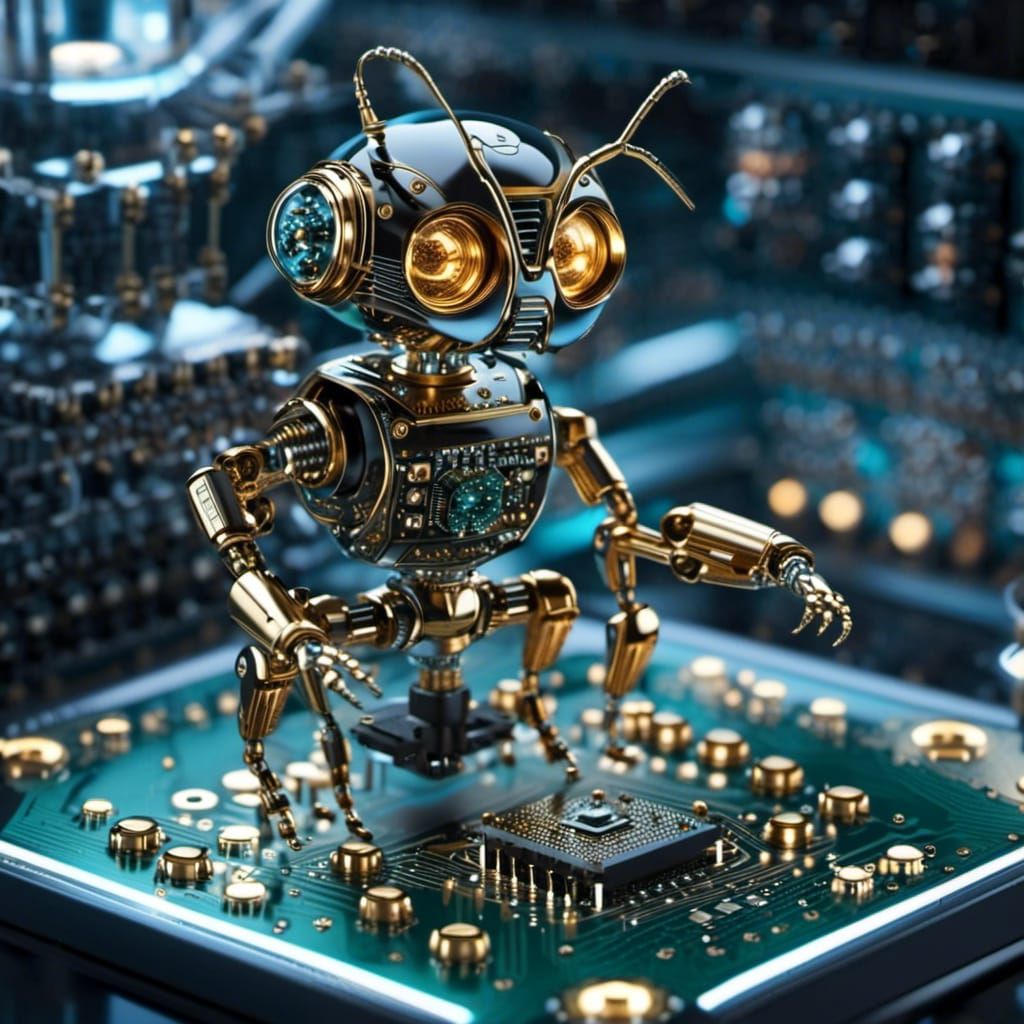 a nanobot engaged in intricate repair work on a futuristic computer chip, within a sleek, high-tech laboratory