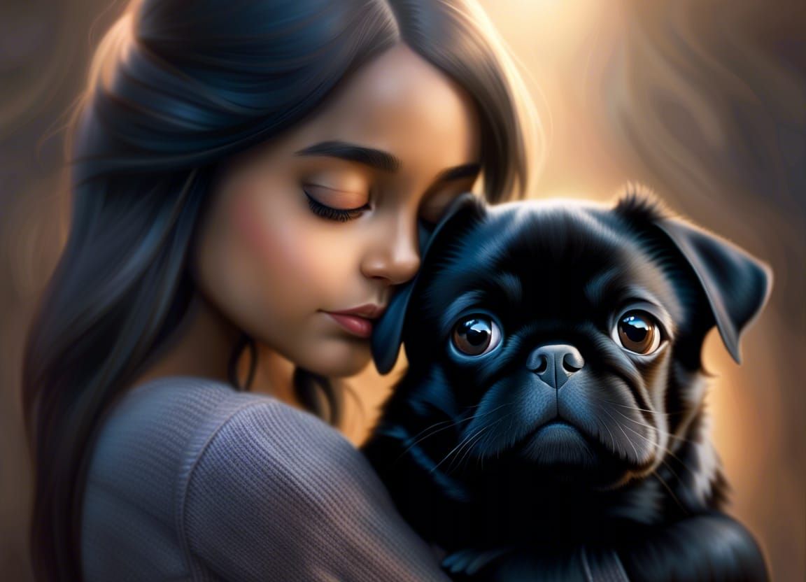 photorealistic girl lovingly hugging her cute black pug Professional photography, bokeh, natural lighting, ...  by @LTSings