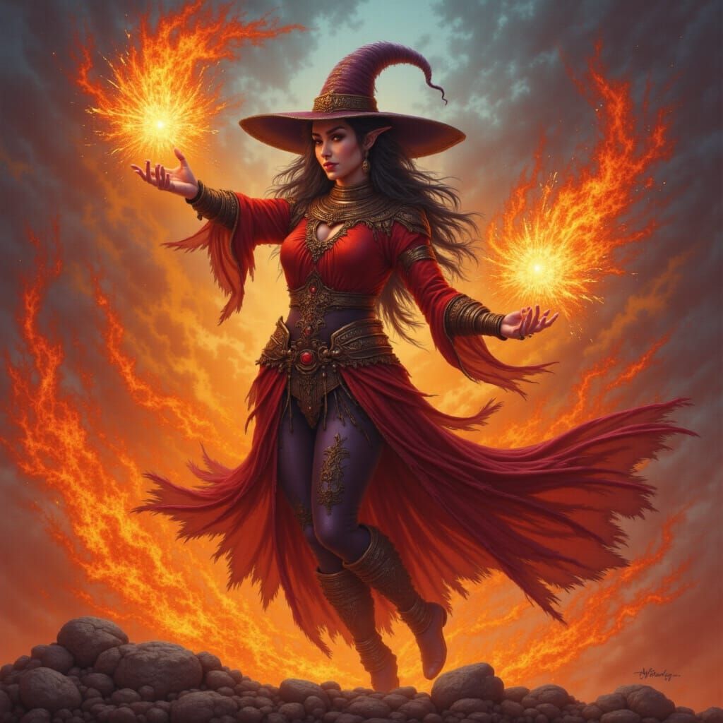 Full body portrait of an elf wizard casting a fireball spell. 
<lora:Purple Visions:1.0>