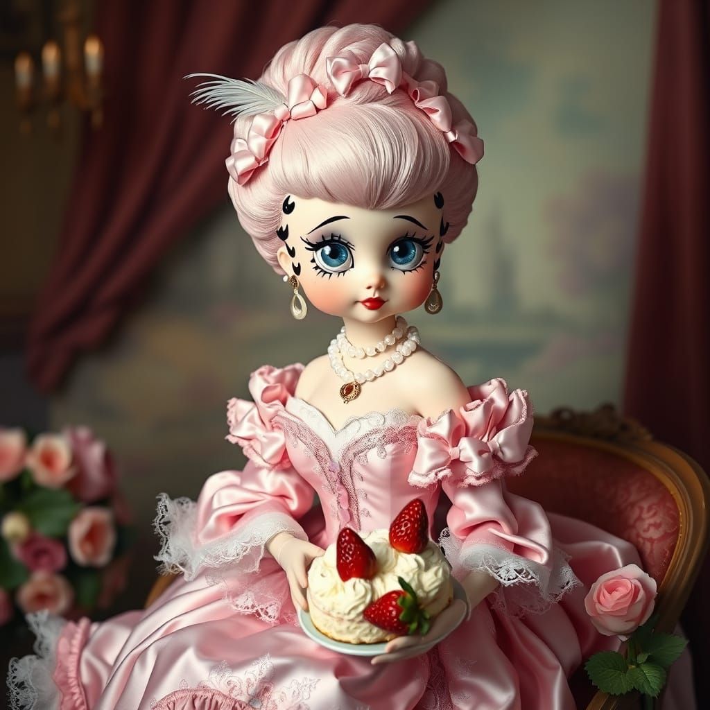 Ethereal Marie Antoinette Sits with Strawberry Cake in Lavis...