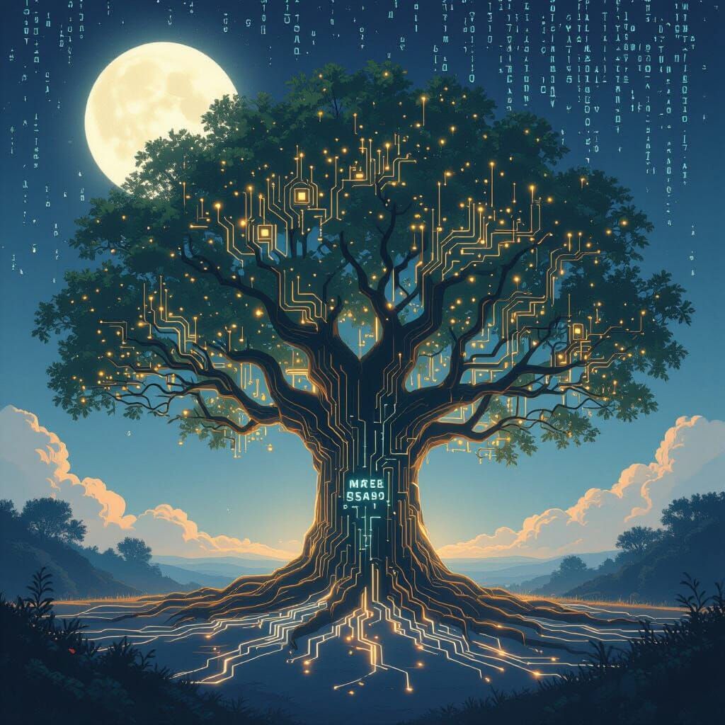 A serene, ancient tree whose leaves are composed of delicate, glowing circuit boards, with roots that spread like intricate data cables acro...