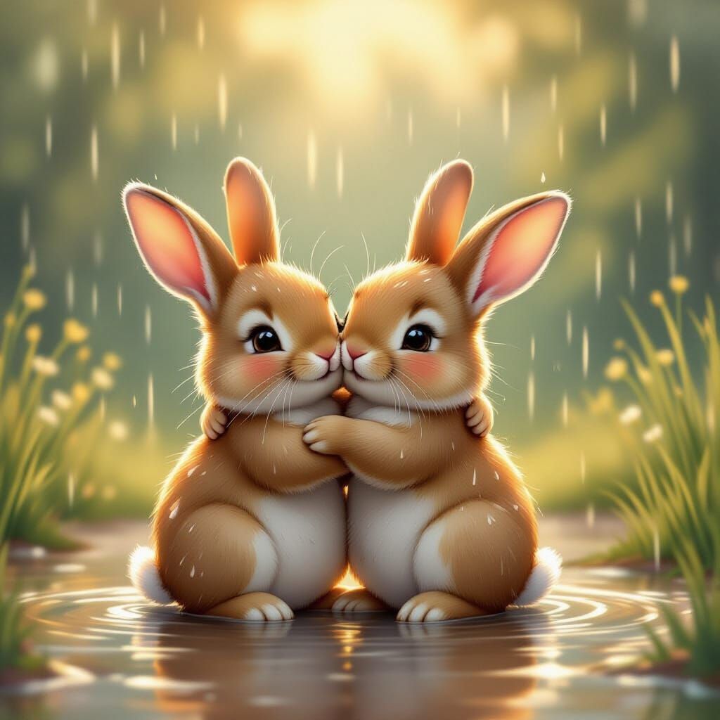Two Rabbits Hugging in Gentle Rain
