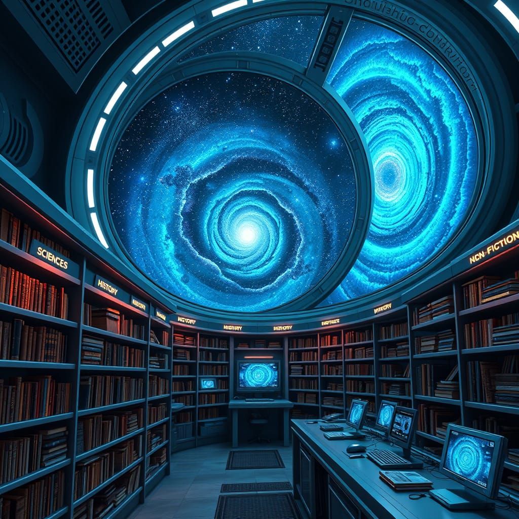 Library in spaceship with Large space viewPort with  stars Galaxy, racks of hardware rows of hard drives and CD's books computer screens cat...