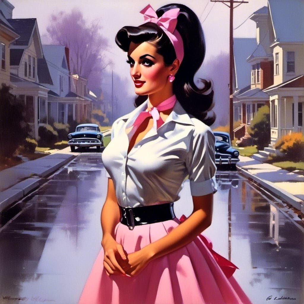 Michael Whelan painting by Gil Elvgren long face,1950s neighborhood ...