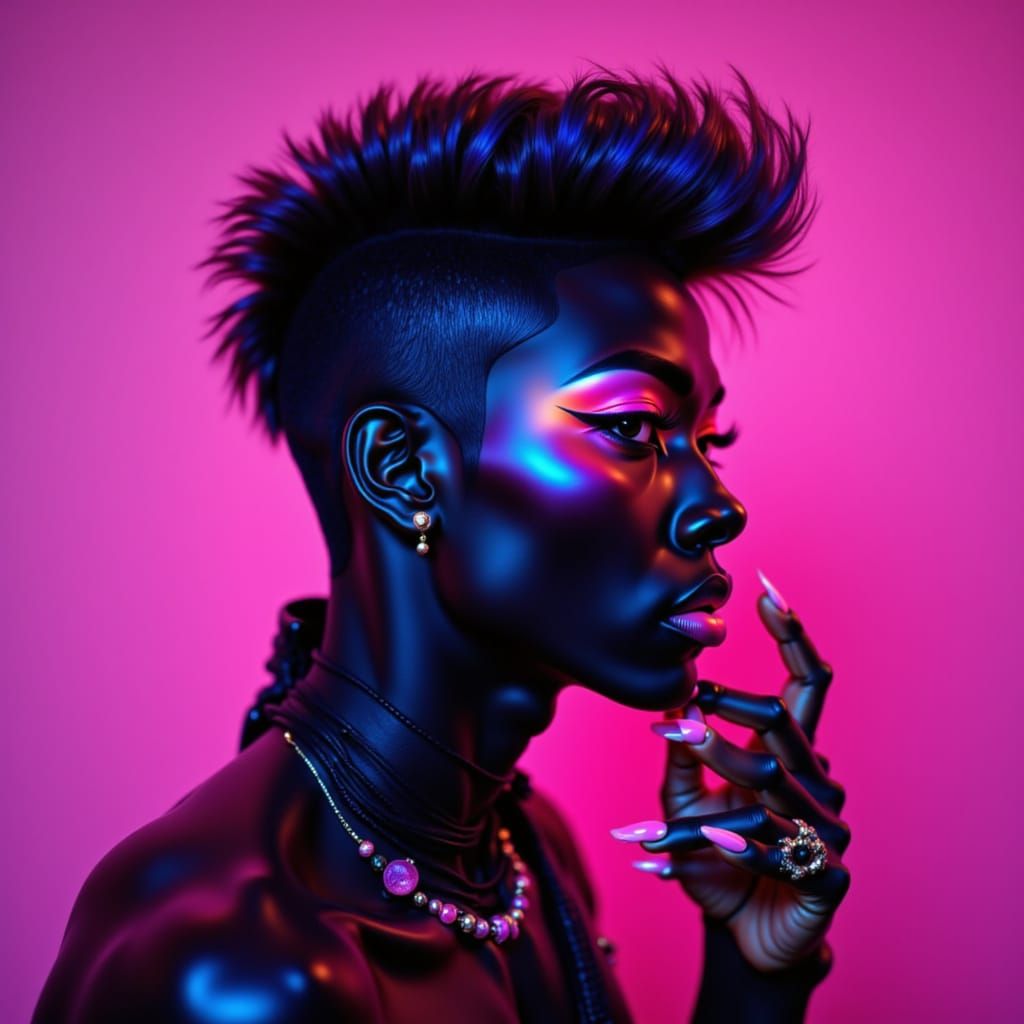 Bi art 

Using just the colors of the bisexual flag (pink purple blue) create a bold unique cheeky character. Dark skin full lips Asian feat...