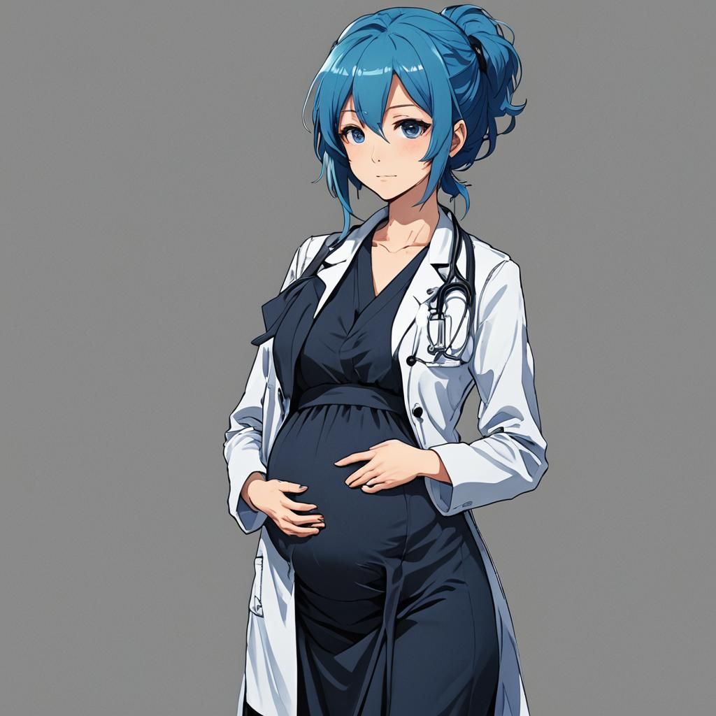 pregnant anime doctor with blue hair and blue and black clot...