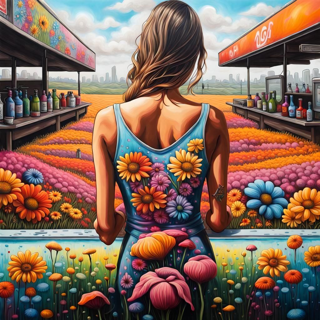 Flower Fields Between Woman's Shoulders, Graffiti Art