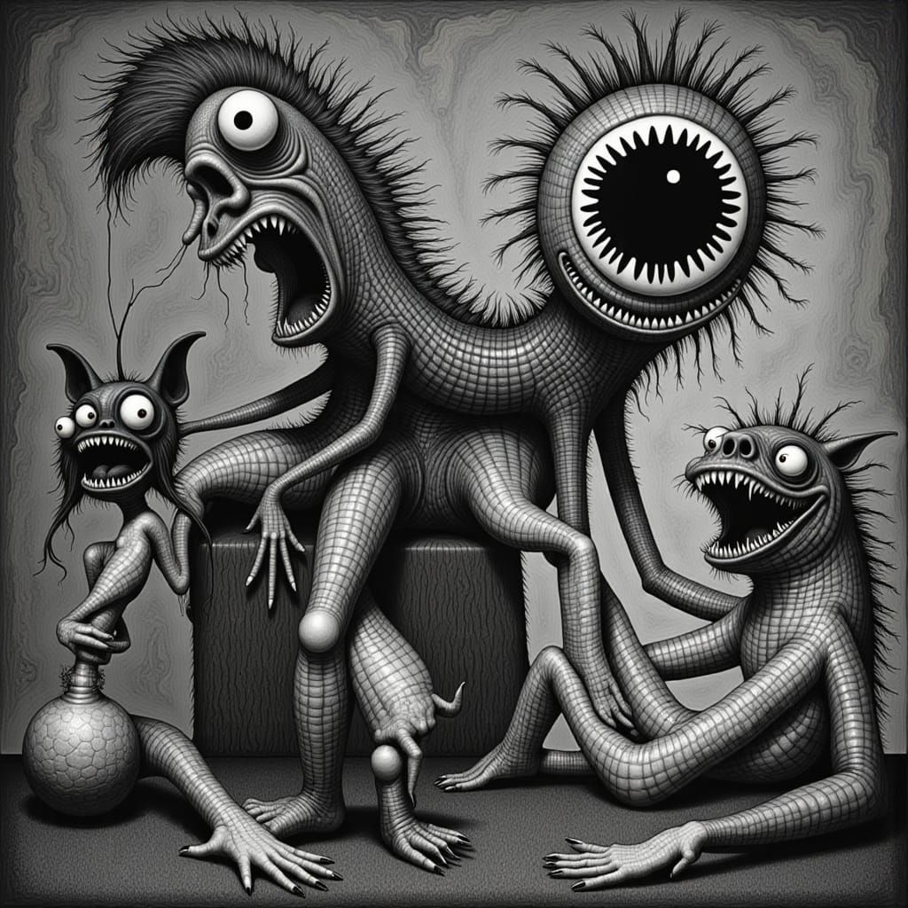 <lora:monsters:1.0> fuzz by edward gorey leigh bowery zendaya tempestuous faceless eyeless freaks creeps, cretins, losers, moronz by artist ...