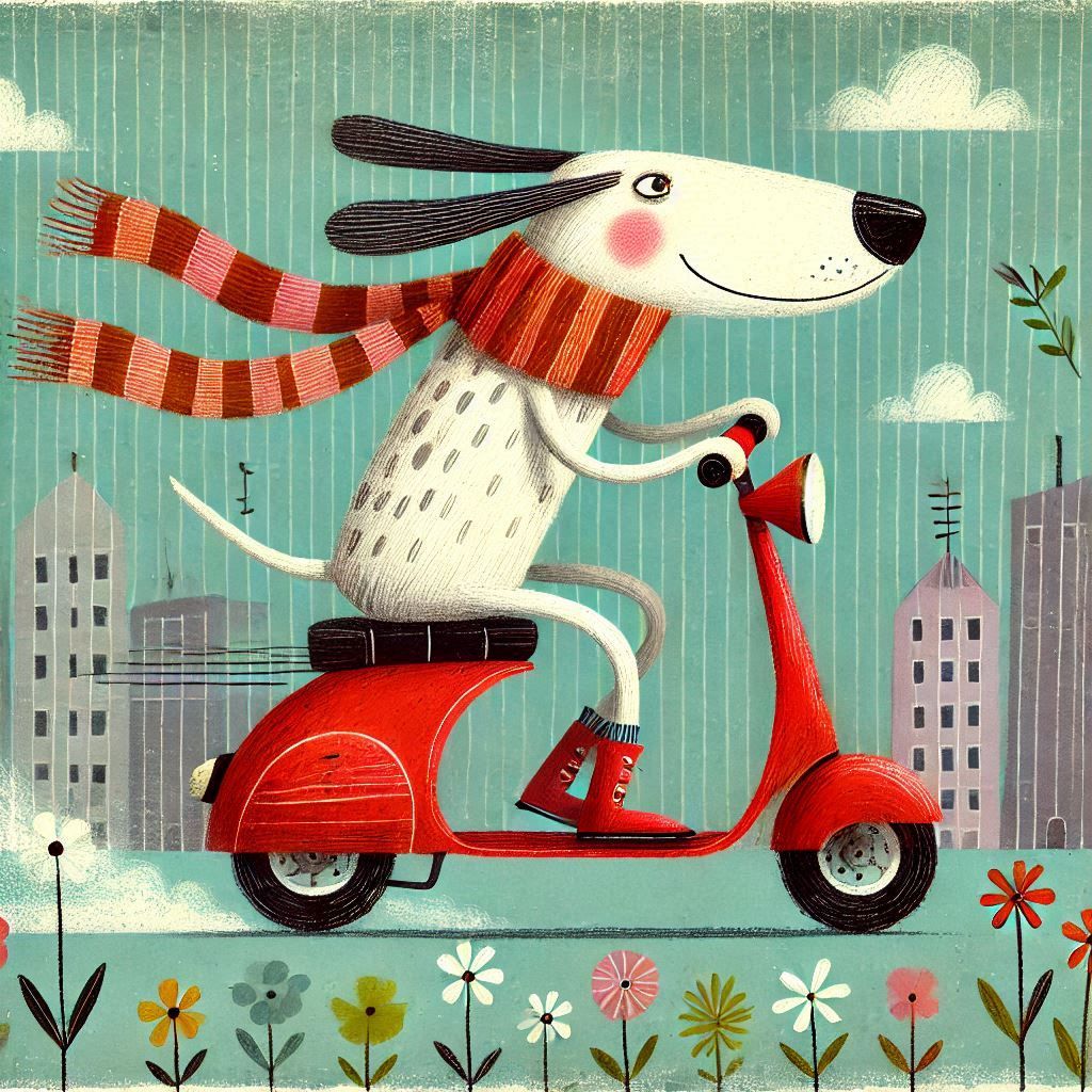 the dog rides a red scooter at high speed