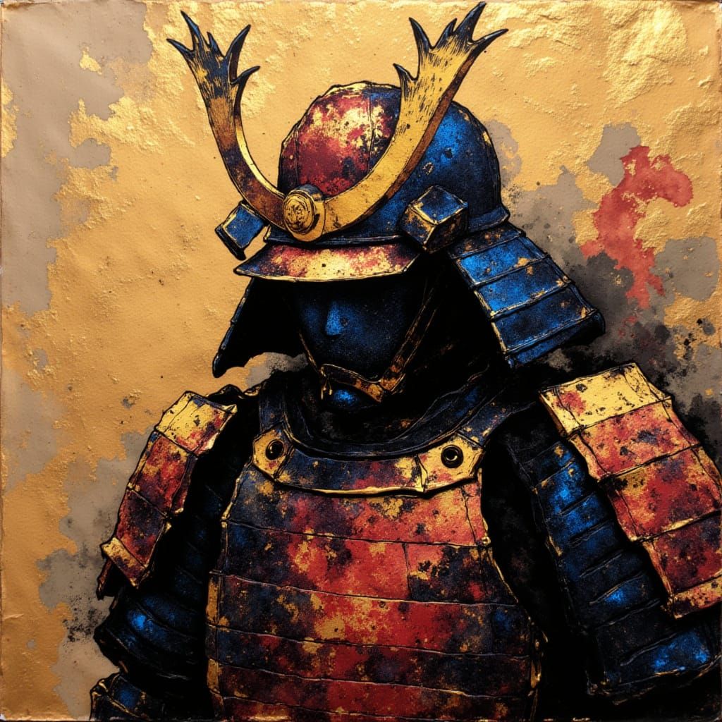 <lora:Black-n-Gold:1.0> Samurai warrior in full armor, mixed media with copper and gold leaf, metallic crimson and steel-blue pigments, expr...