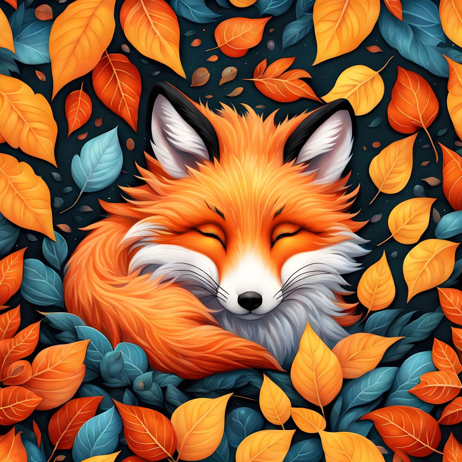 A fluffy fox asleep in a bunch of leaves. High resolution.   by @Irene