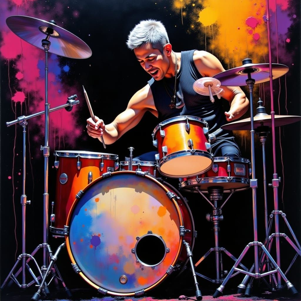 <lora:Radiant Combustion:1.0> a painting of a drummer wildly playing a drum set, drummer has short gray hair and is tall and muscular, color...