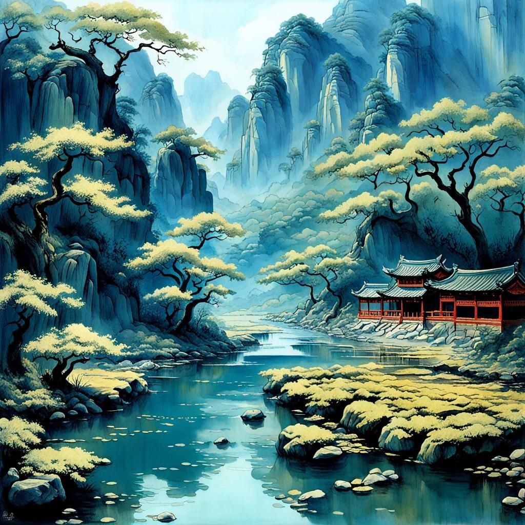 Teddy Bear in Tribal Village Watercolor Painting