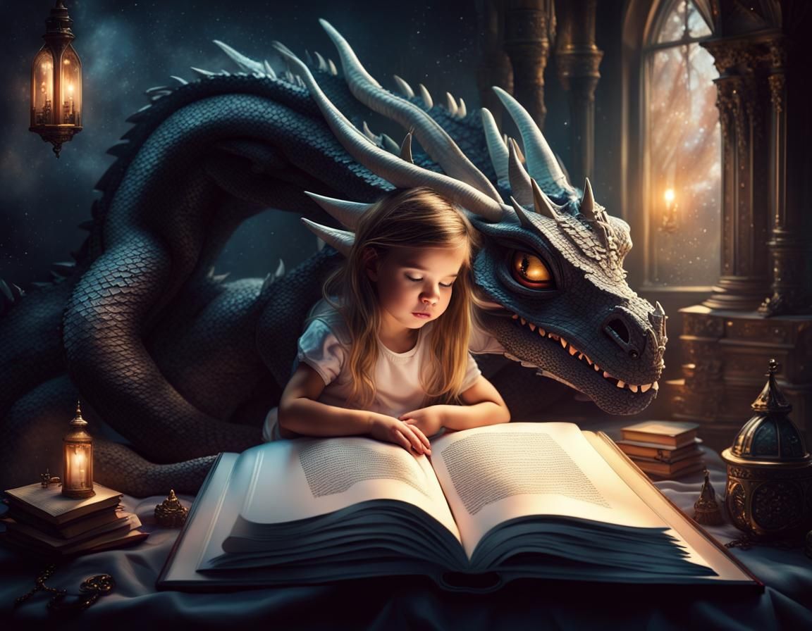 "Little toddler girl lying on her bed reading a big book and imagining a beautiful fantasy world with ...  by @Tessan
