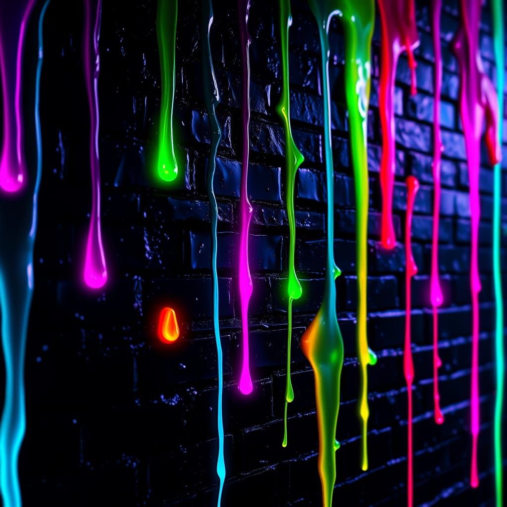 Neon Paint Drips on Glossy Brick Wall