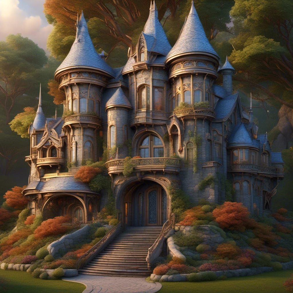 A 3/4 view of a castle entrance <lora:Steskers Castles:1.0>3D, highly detailed, Art Nouveau