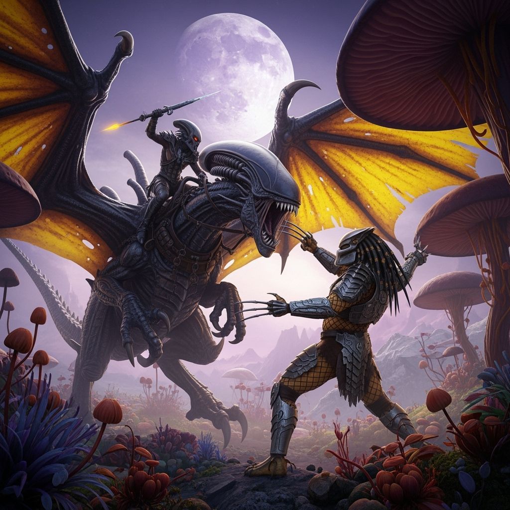 An alien dragon rider riding on the back of an large alien dragon that looked like a xenomorph fighting a Predator. The Predator wore armor ...