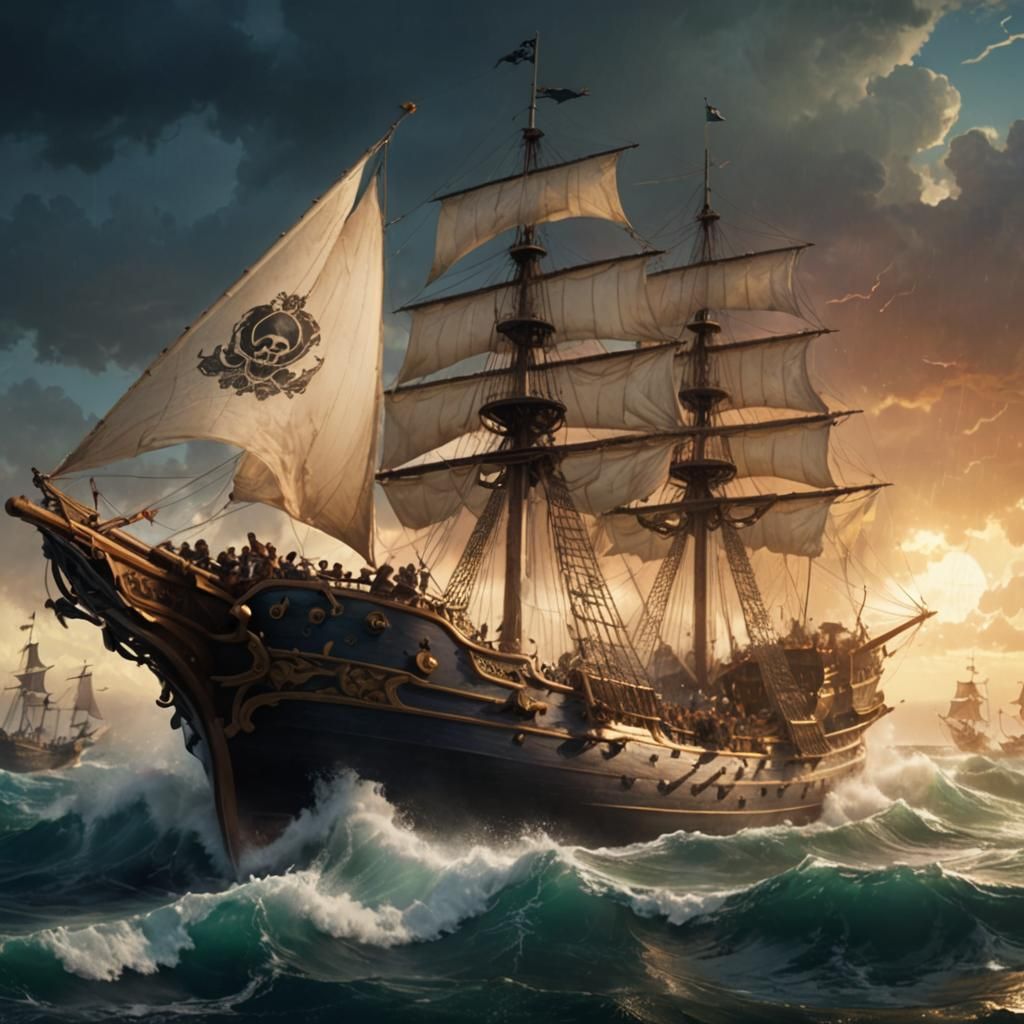 High fantasy epic pirate ship sailing out of a storm, high detail, high quality, correct anatomy, 8k resolution concept art portrait by Greg...