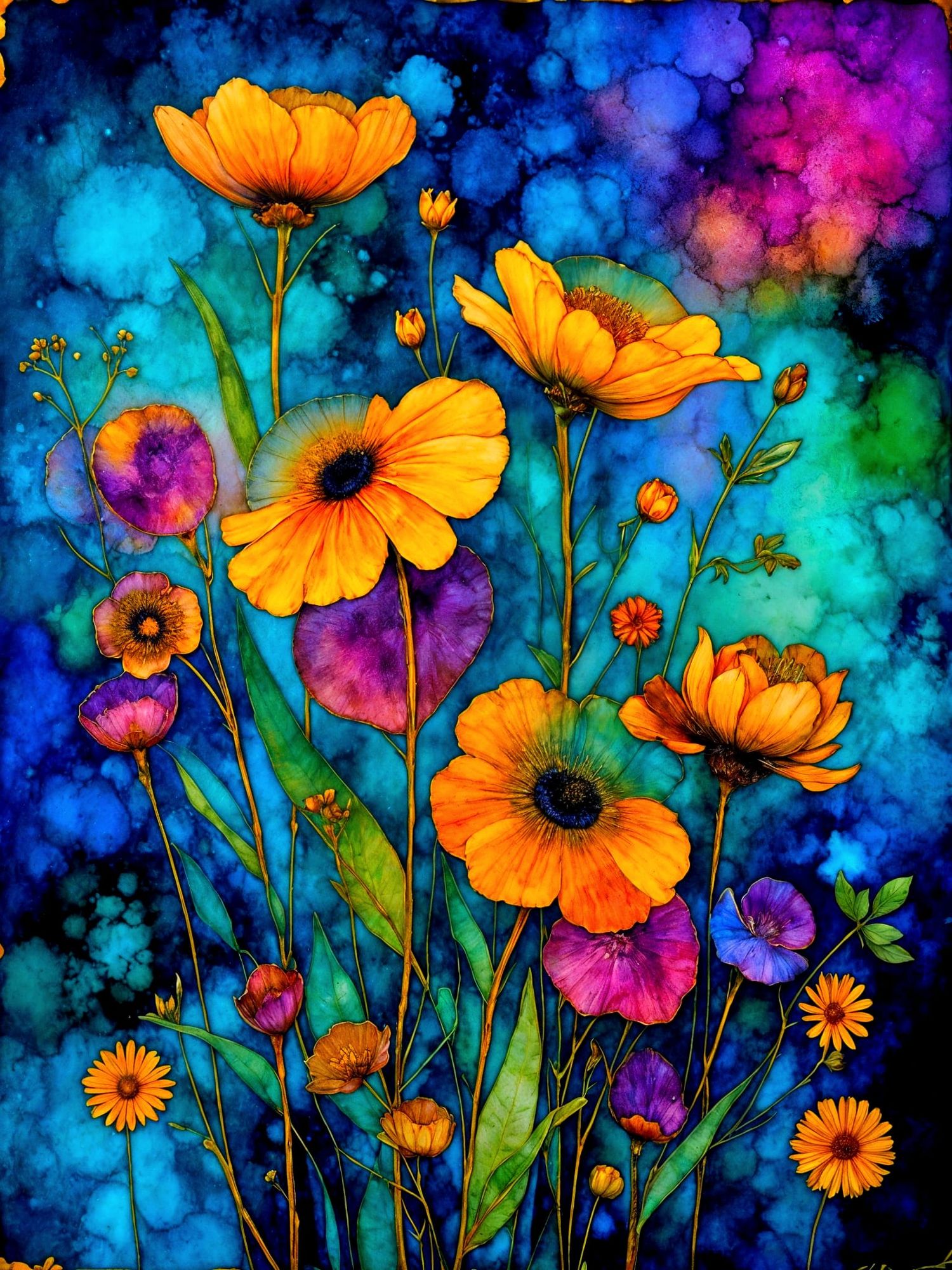 Botanical Flora Monotype, deep jewel tones: artistic & painterly, texture and grunge, encaustic aesthetic, {JFB+}