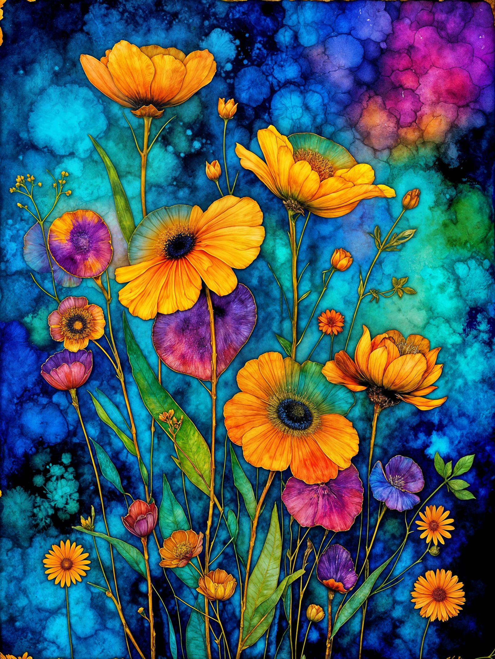 Botanical Flora Monotype, deep jewel tones: artistic & painterly, texture and grunge, encaustic aesthetic, ...  by @g r r c