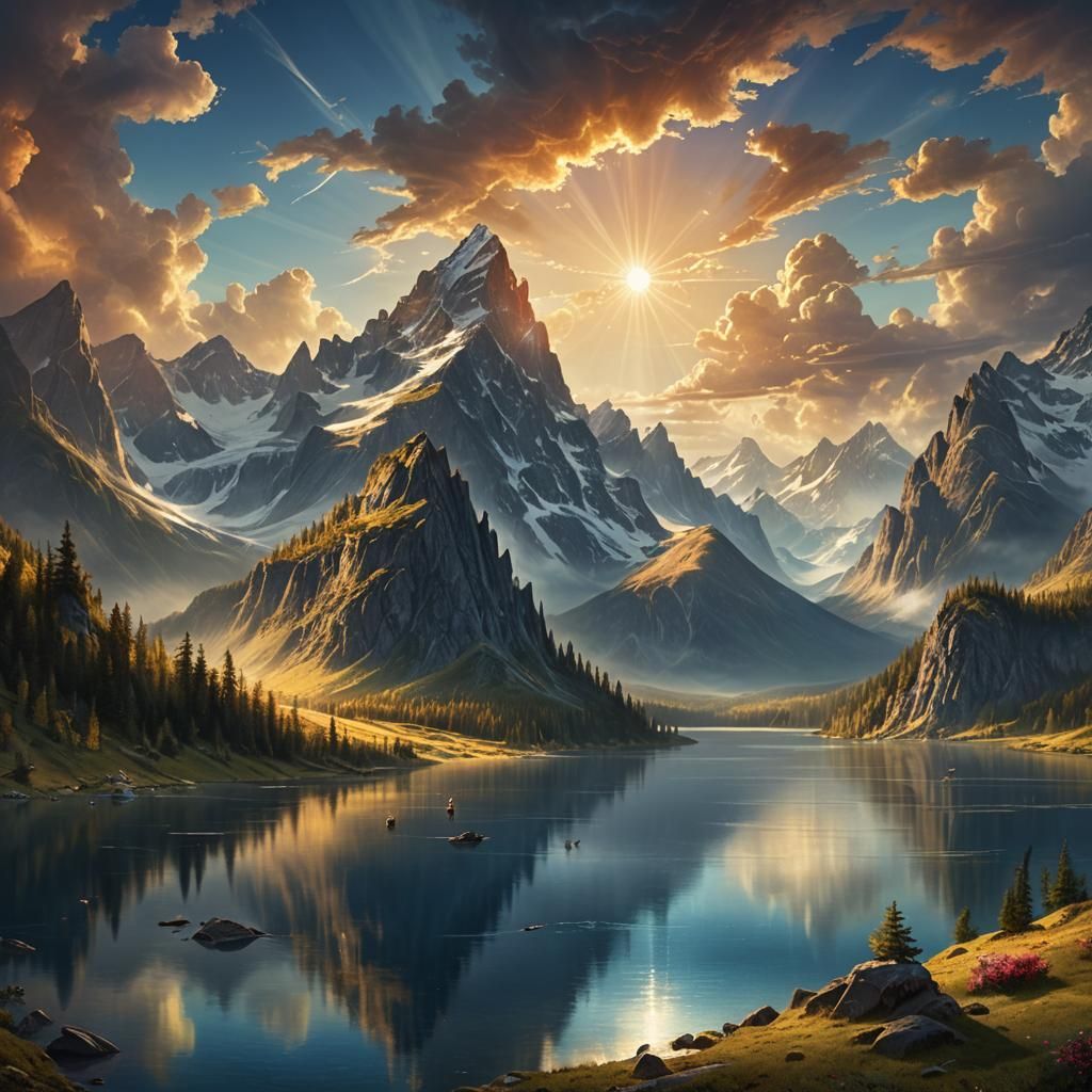 Majestic Mountain Sunset: Fantasy Landscape Art