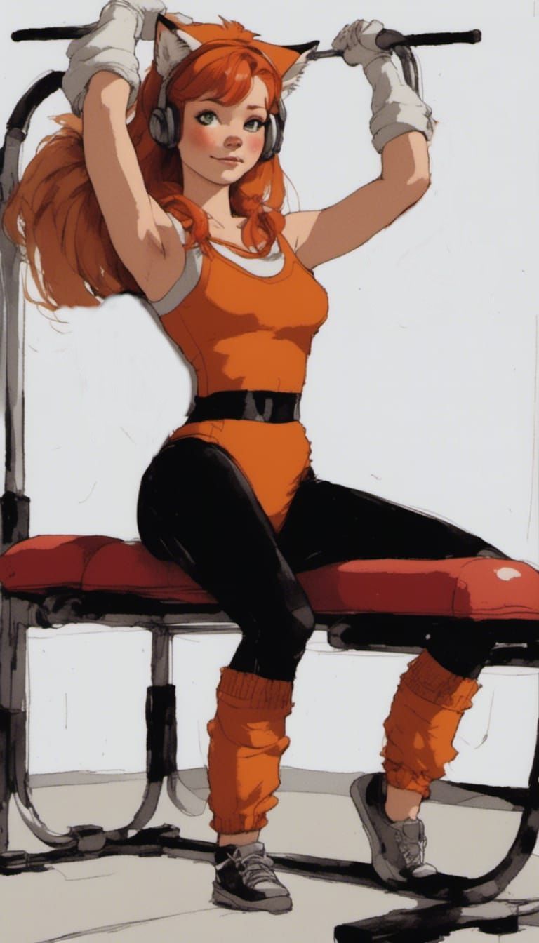 Fox-girl VIXEN working out at Planetoid Robustness Gym.