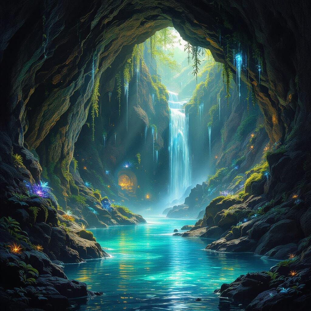 Imagine a hidden grotto deep within a mountain, illuminated by bioluminescent flora and cascading waterfalls. ...  by @The next thing