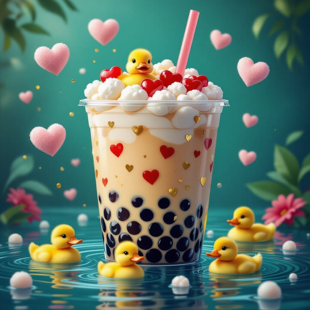 a realistic bubble tea with flouting hearts and  real life baby  ducks swimming in a teal and dark red ...  by @jenn samos
