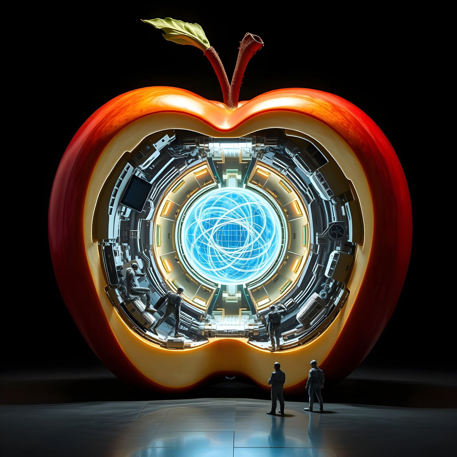 Cybernetic Apple Core Exposed in Surreal Landscape