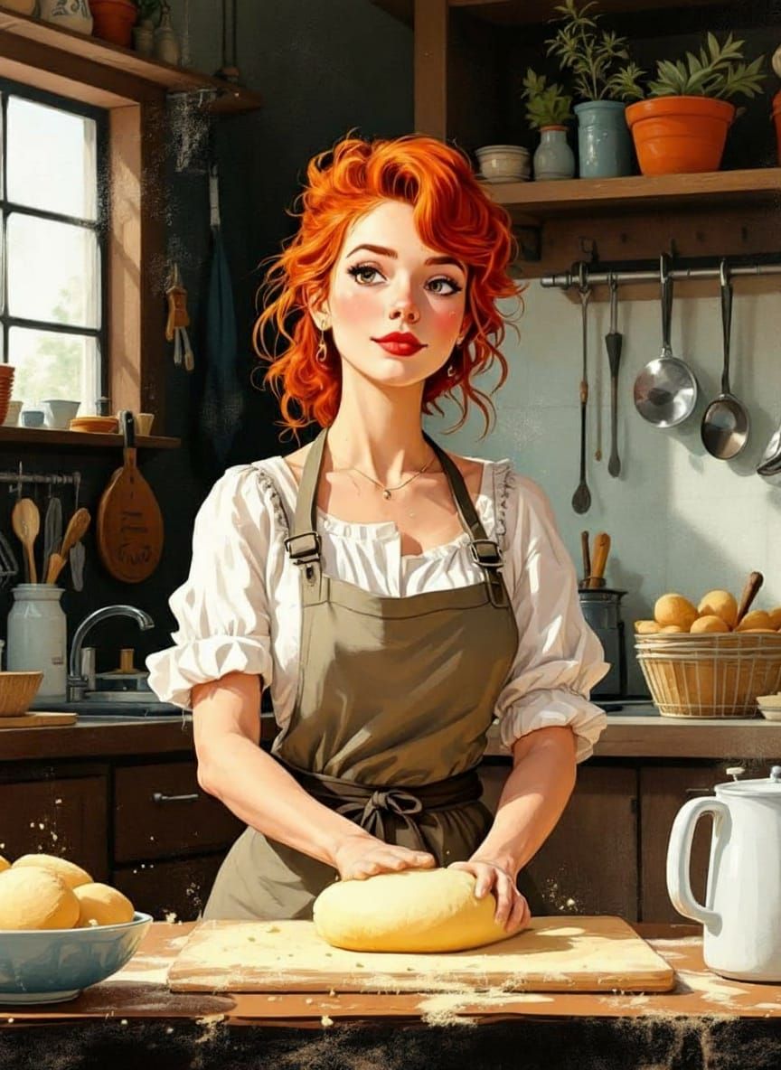 Copper pots line walls / Flour clouds rise from kneaded dough / Herbs grow on wood shelves