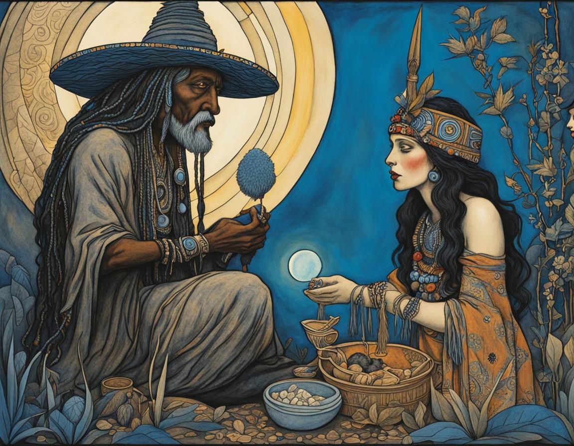 A witch doctor healing the tribal chieftain with herbs and a...
