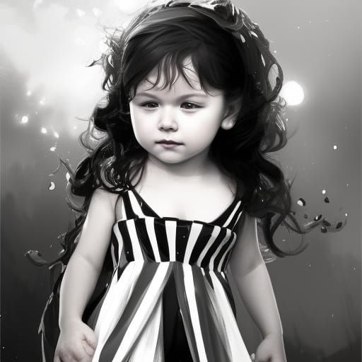 A toddler wearing a black and white fancy dress