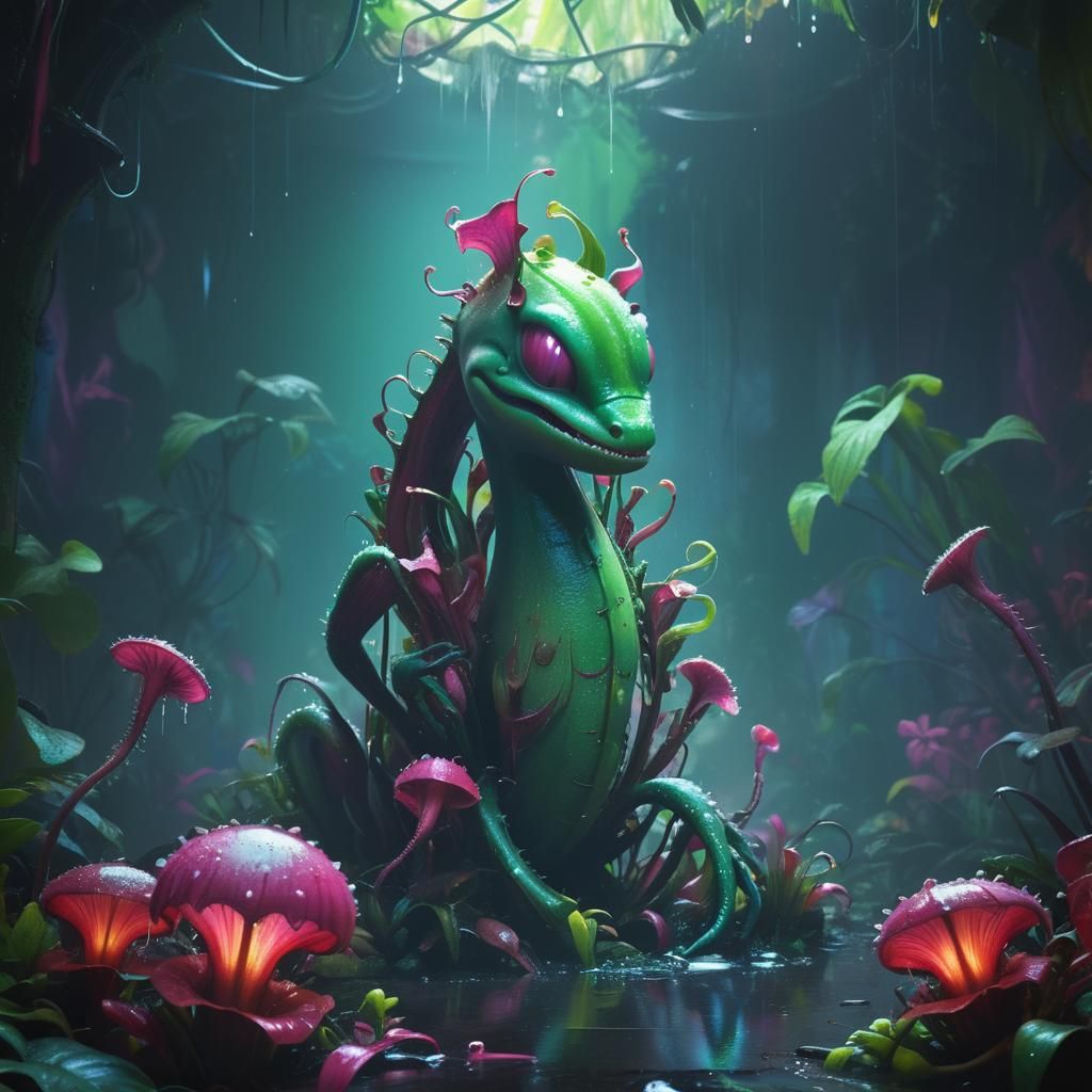 Hyper-realistic, mid shot. Cannibal plant eating its prey in...