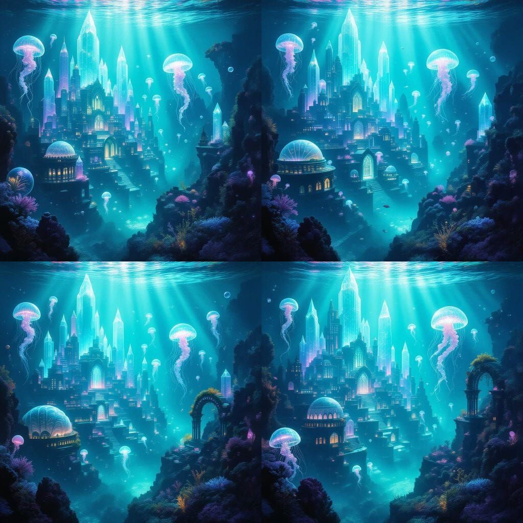 A glowing, ancient underwater city nestled in a deep ocean trench, with towering crystal spires and luminous coral struc...