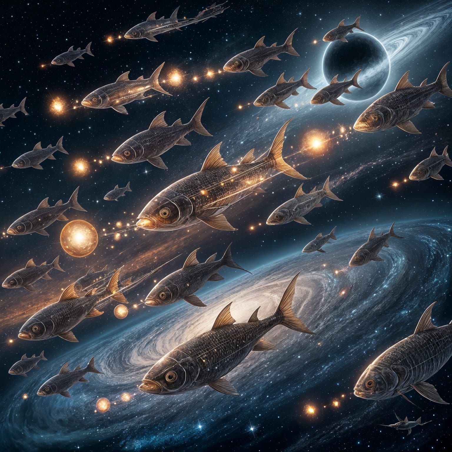  a discovery of space fish , living metallic elemental fish in space , fish are made of metal elements and they absorb radiation and create ...