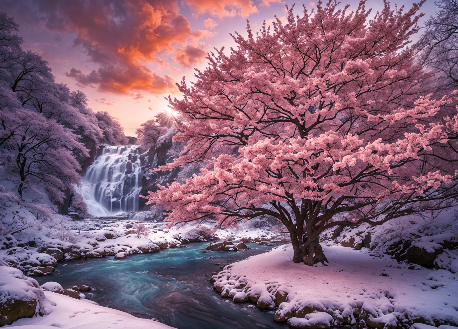 Blossoming sakura tree in winter