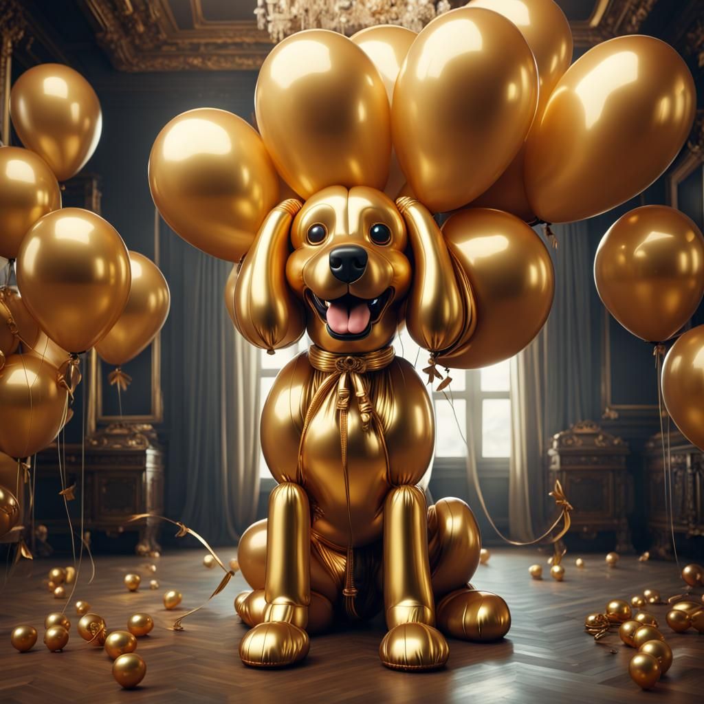 Large golden balloon dog with balloons all around.  by @Suz