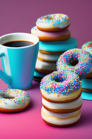Stack of frosted donuts with sprinkles and a cup of Coffee  by @Cyan Skye
