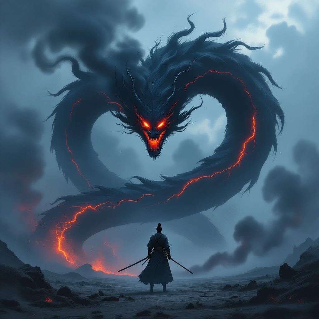 A cinematic, high-drama digital painting depicting a lone samurai warrior standing resolute in a wasteland of swirling smoke and ash. The sa...