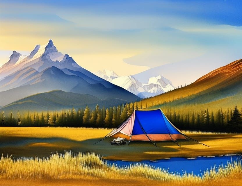 Beautiful landscape with camping tent, meadow, forest, snowy...