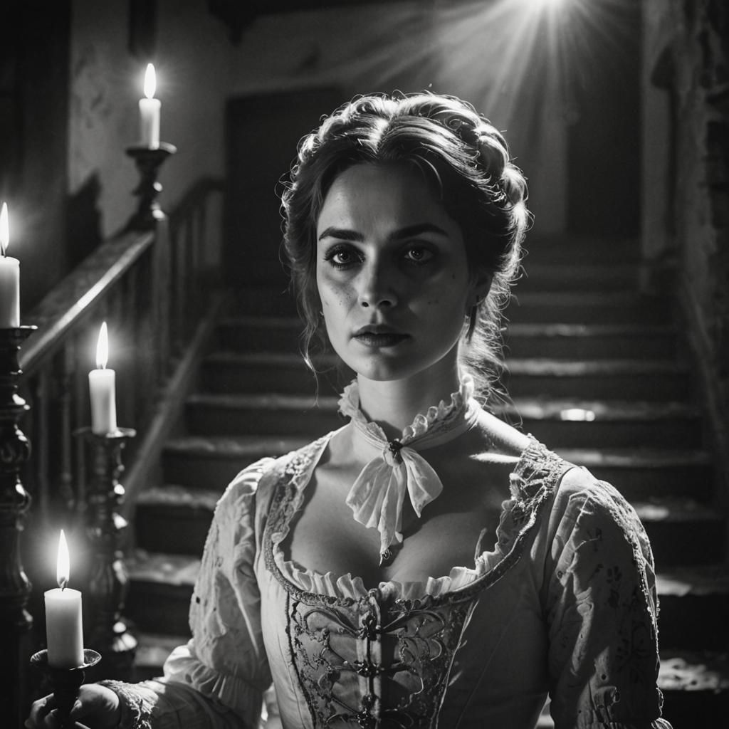 High contrast, cinematic black and white photography. Close up portrait. A young and transparant female ghost in 18th century clothing, faci...