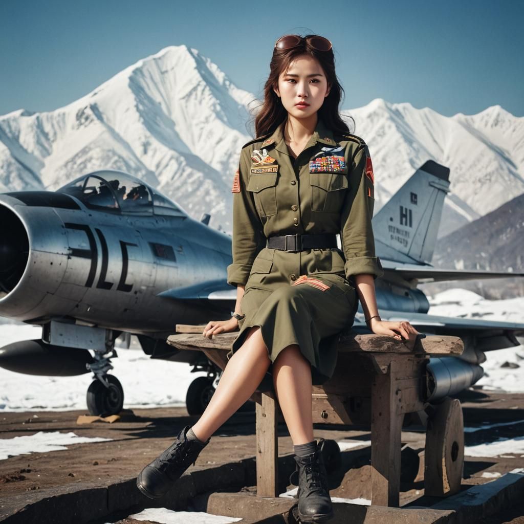 Women of Korea army near a jet fighter near near Pohang in 1...