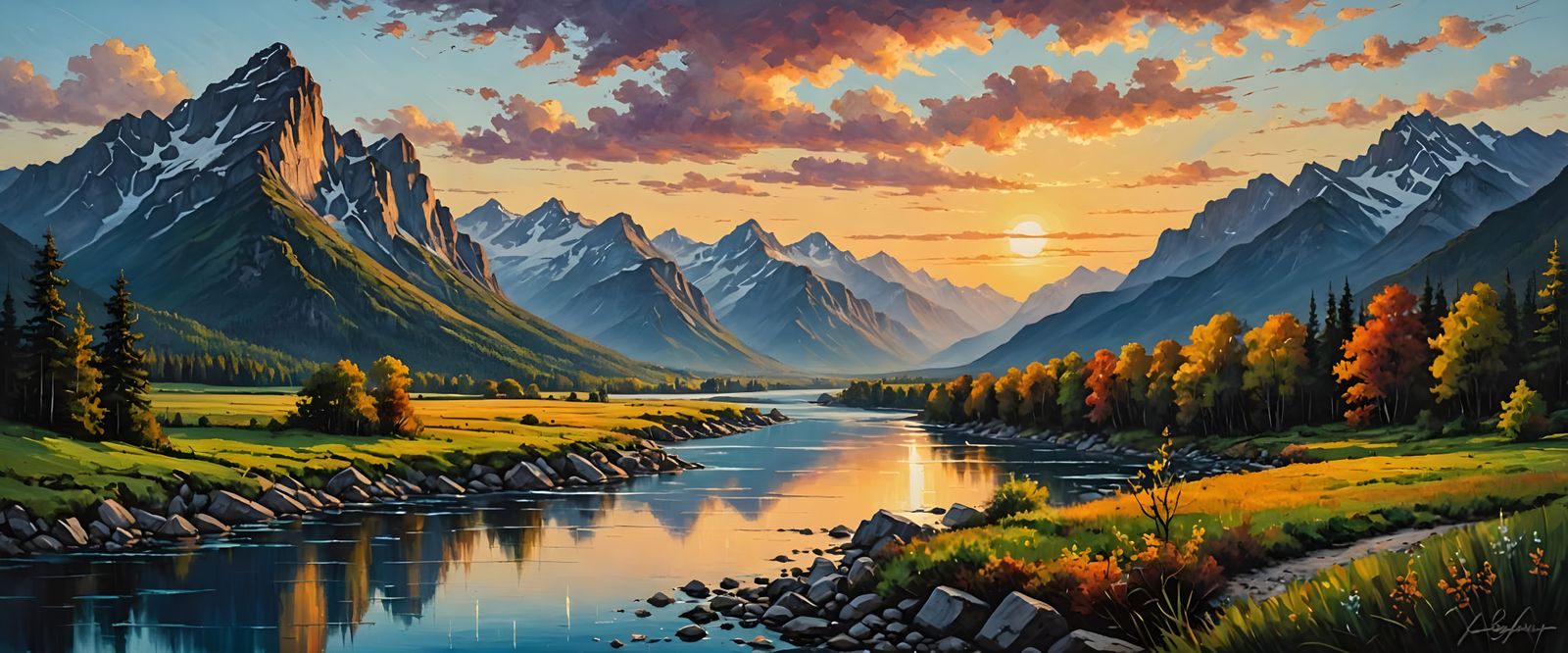 Surreal Sunset Landscape in Oil Painting Style