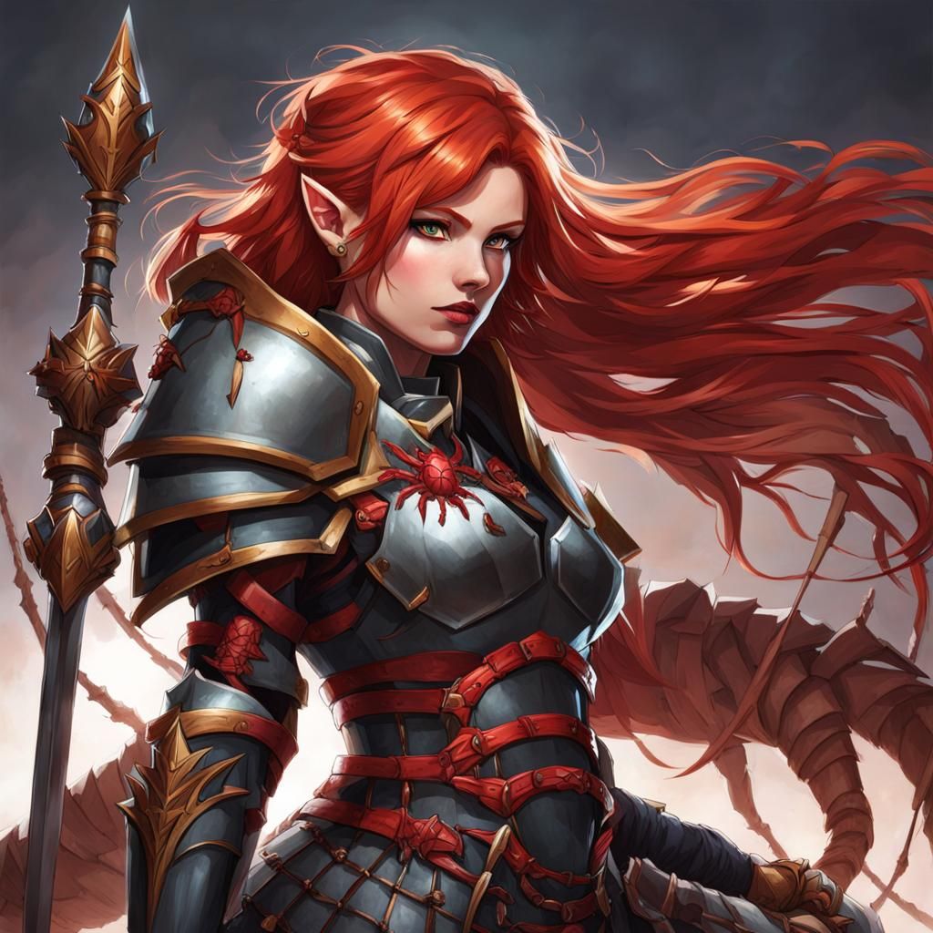 Female human battle cleric with red hair and spider armour with spider ...