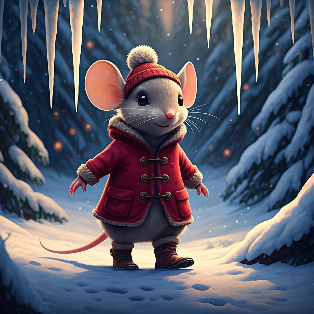Mouse in Scarlet Coat in Snowy Forest as 3D Art