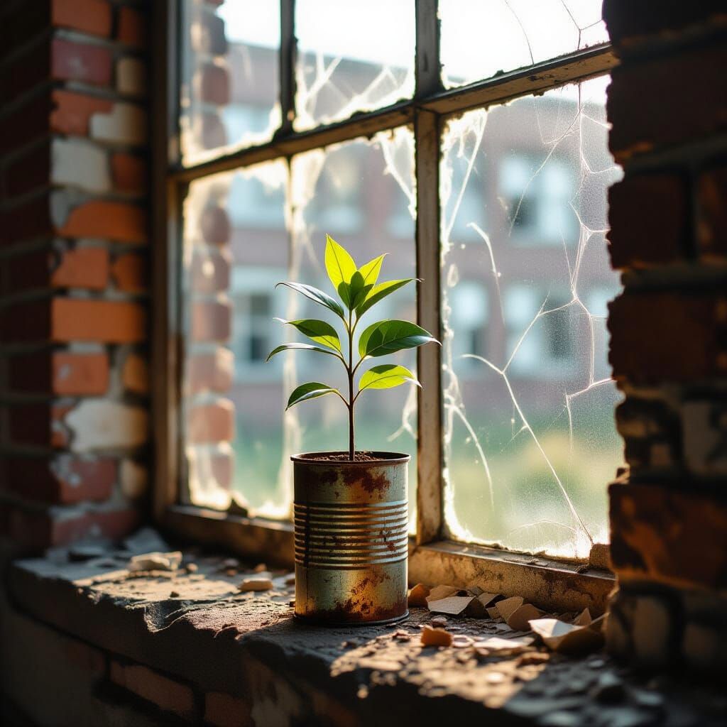 A small palm tree sprouting from an empty rusted tin can on the cracked windowsill of an abandoned brick factory, sunlight pouring through b...