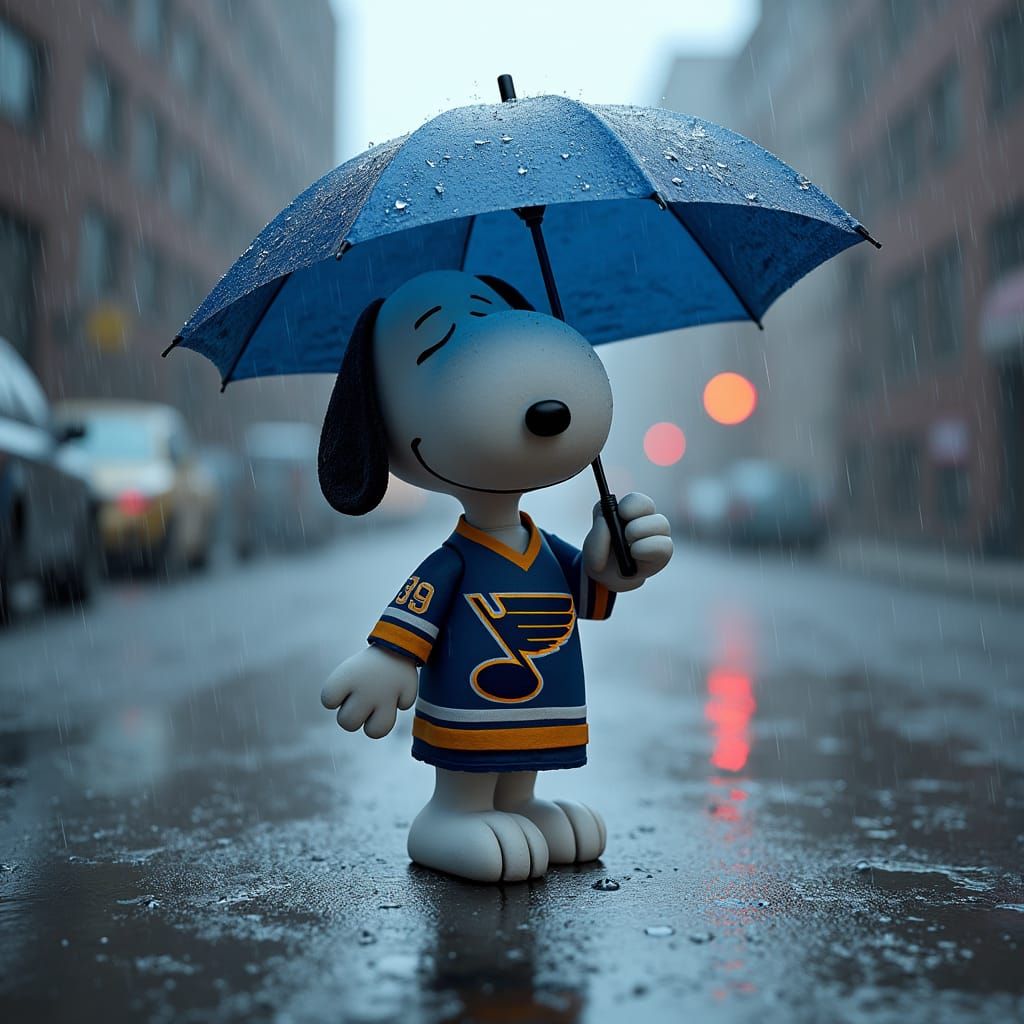 Snoopy walking in the rain. He's and he's wearing a St Louis...