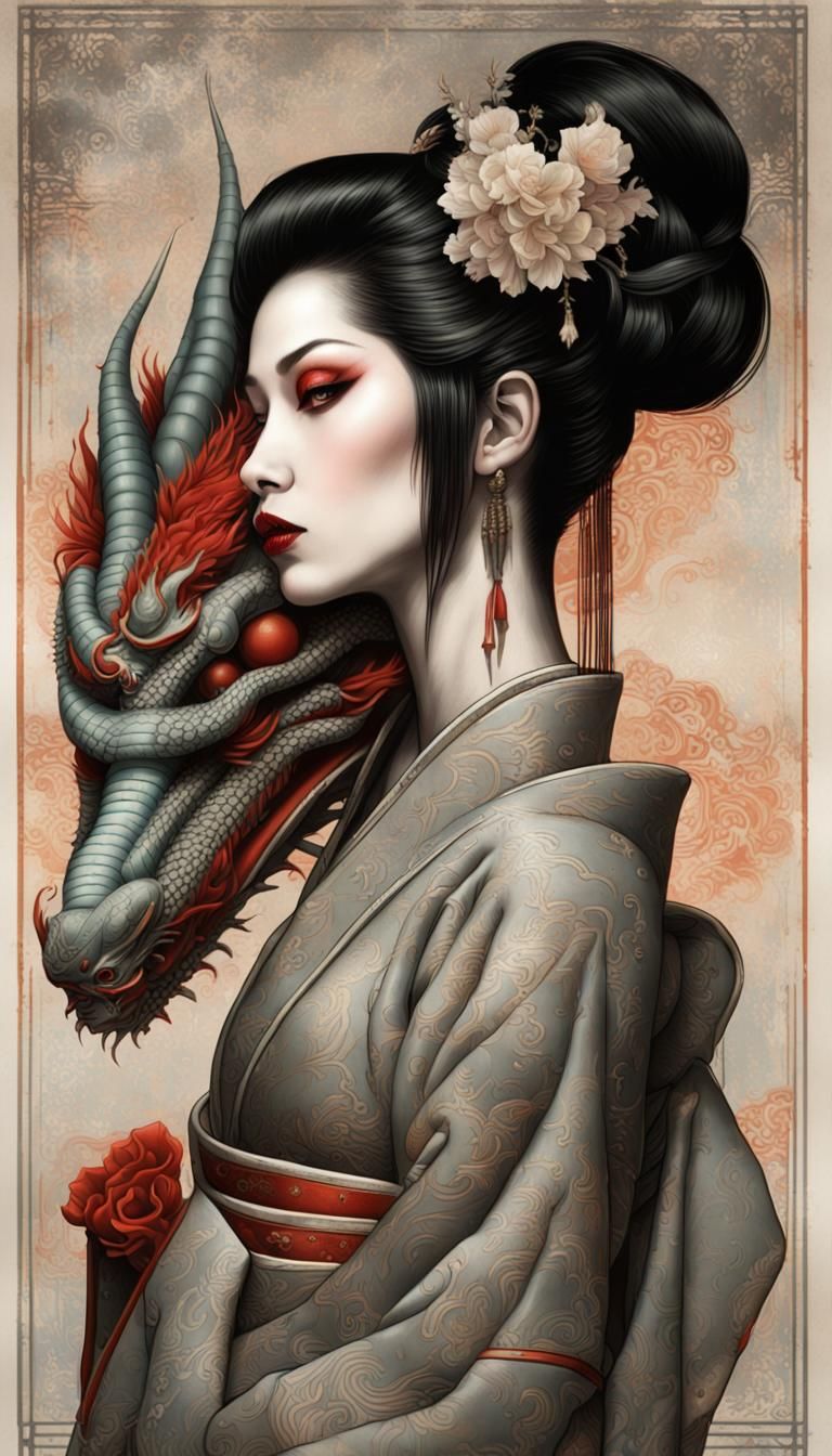 vintage poster of a geisha with a dragon 